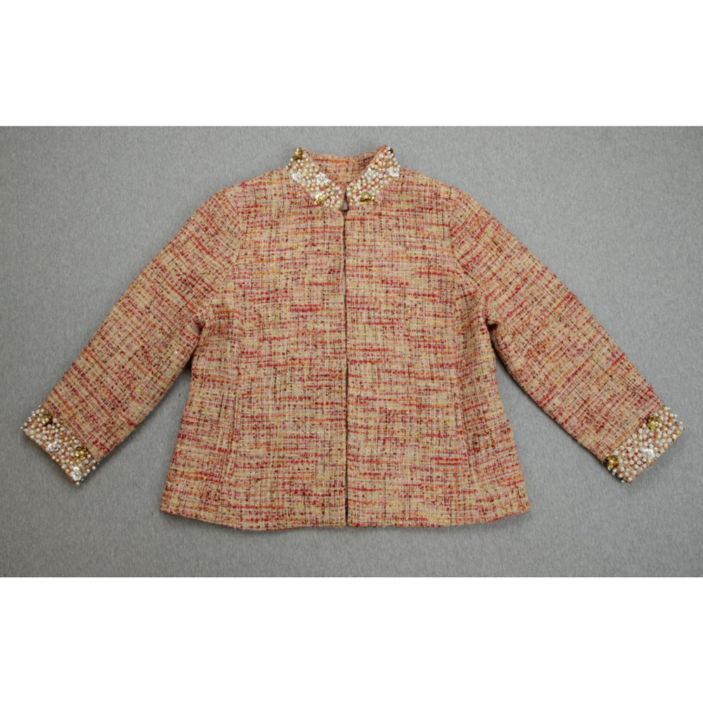 Chicos Blazer Womens Size 1 Tweed Embellished Pearls Eye & Hook Closure NWT